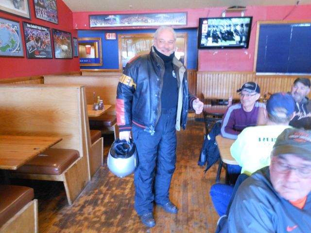 Alright, it's time for the big reveal:  This is a true ROMEO, a motorcyclist not just in name or spirit, but a real wheels-on-the-ground-weather-be-damned kind of guy!! When he came in, Don and Swanee quickly scooted over and made room for him at the table, just like nothing had happened.
