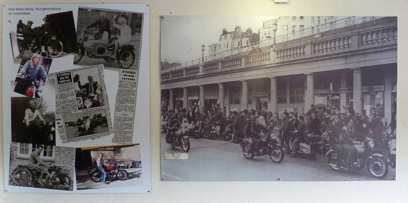 Left: the family who run Wesson's cafe, right: Mods and Rockers at Brighton in the 60s. Explanation provided.