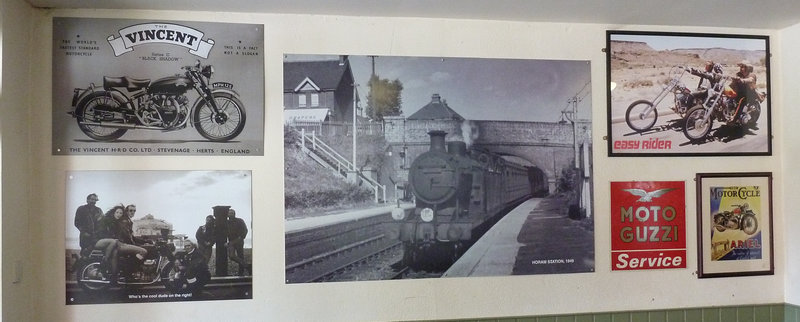 Steam train (these were phased out in the 1950s and 60s but we still love them) which sets off contemporaneous motorcycle artwork.