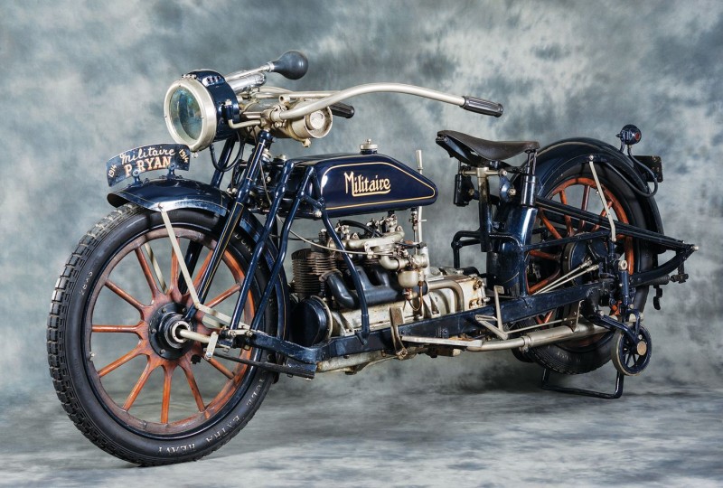The 1914 Militaire. The only bike I've ever seen with wooden rims and spokes.  The manufacturer never referred to it as a &quot;motorcycle&quot;.  They called it a &quot;car&quot; in their advertising.  Note the gear shift lever between the tank and seat, shaft drive, and the landing gear.  A not so new concept on the Goldwing.