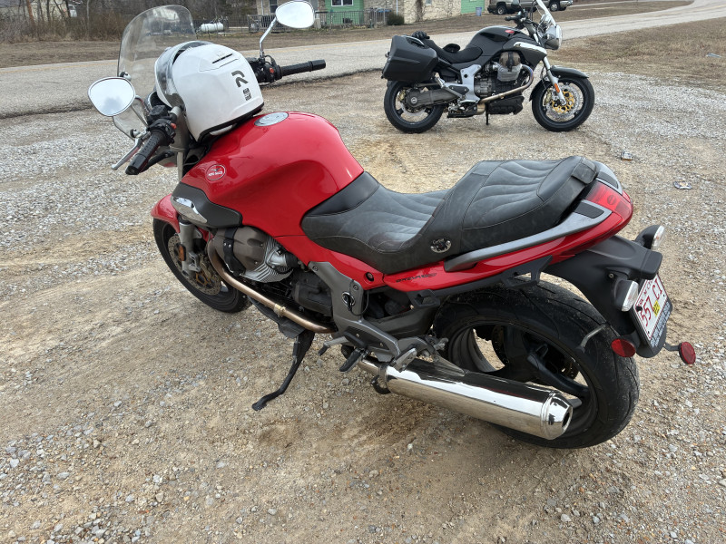Neil Smith’s red 2007 Moto Guzzi Breva 1100 and my (Ed’s) black 2007 Moto Guzzi Breva 1100. Agriculturally wonderful machines.