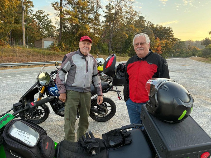 Leo Clegg and Dr. Neil Smith were the only ones at the 341 bridge for the start of our  ride. I get it .. many took the straight shot on Hwy 5. It was such a nice ride at that early hour. Only came up on two packs of deer and a few street dancing back and forth squirrels.